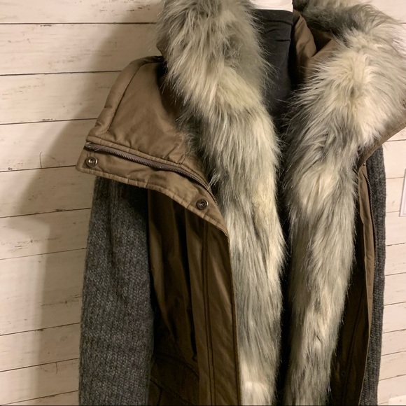 Vera Wang Green Khaki Faux Fur Trim Mixed Media Parka - Picture 7 of 17